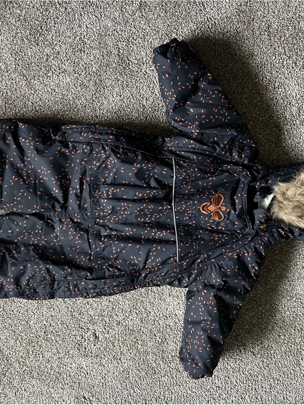 Hummel 12-24 month Navy Kids Puffer Snowsuit with Orange Leaf Print